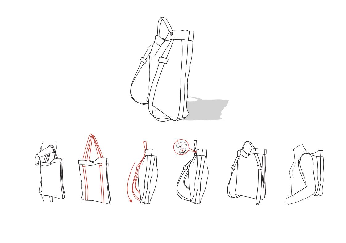 Schéma des différentes manières de porter le Tote Bag 2dd Life Beuchat
